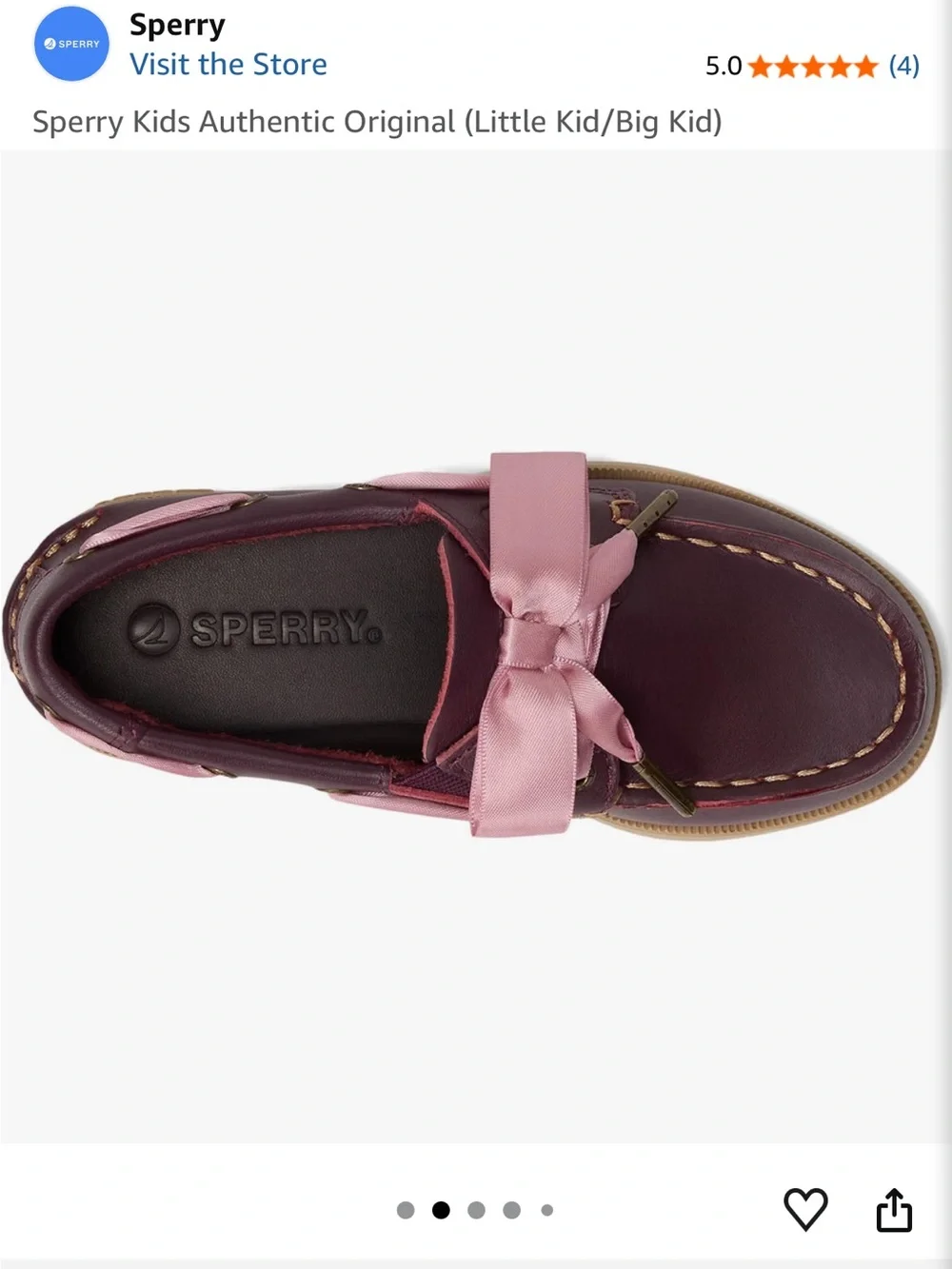 Sperry Burgundy Leather Kids Boat Shoes with Pink Ribbon